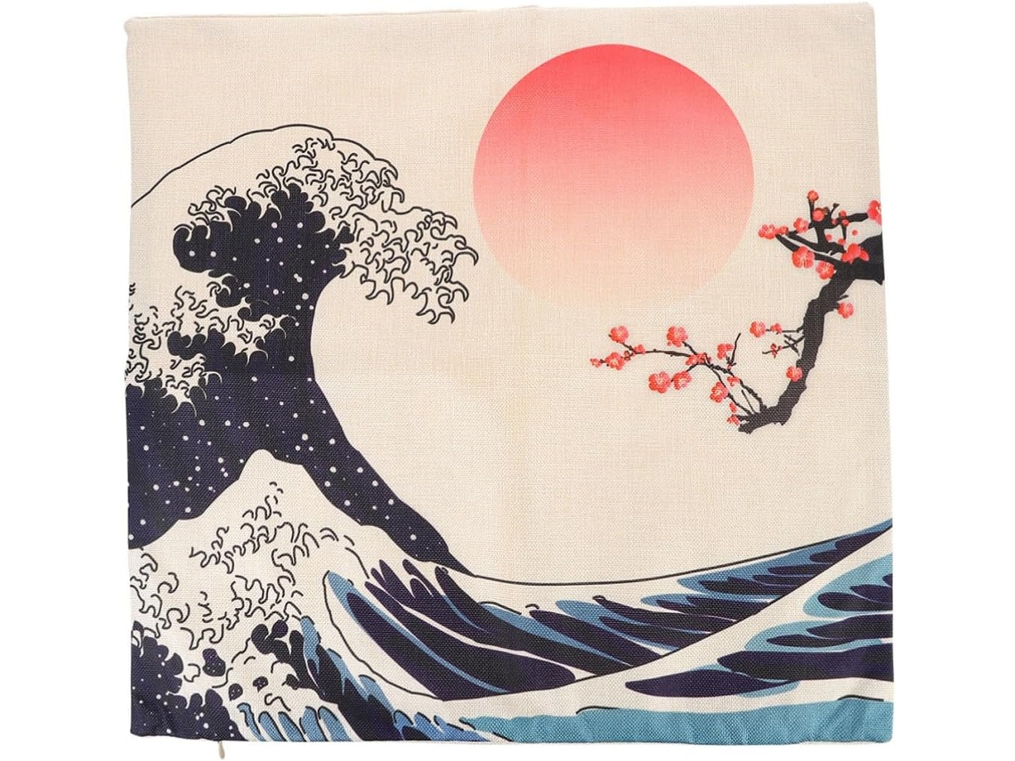 Capa de Almofada Retrô em Linho Estilo Japonês com Estampa da Paisagem do Monte Fuji. CHABERLU