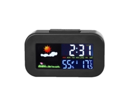 Relógio eletrônico multifuncional com previsão do tempo, despertador de mesa em LED e monitoramento de temperatura e umidade.