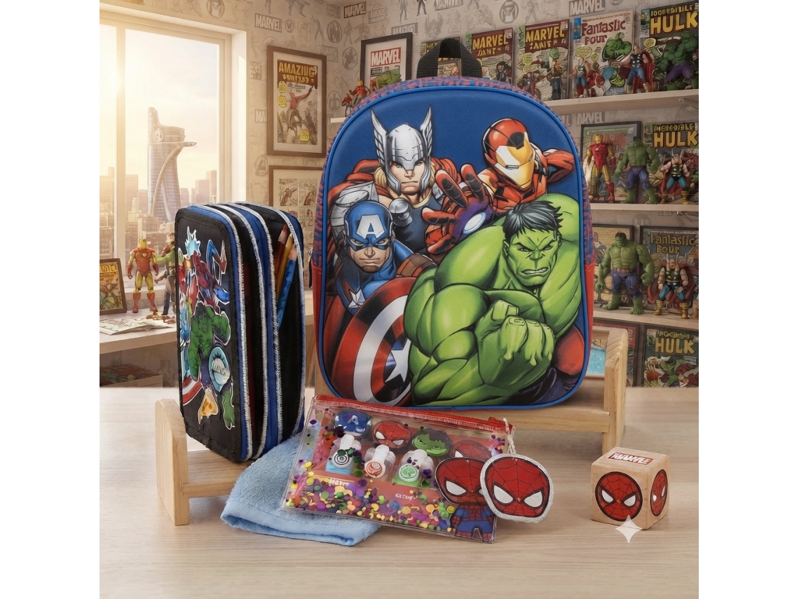 Mochila 25x31x10 Cm E Estojo Escolar Avengers Com Necesser
