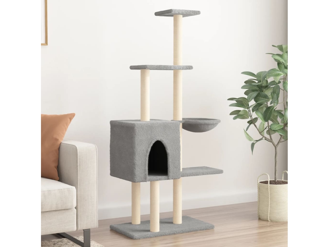 Vidaxl Árvore P/ Gatos C/ Postes Arranhadores Sisal 145 Cm Cinza-claro