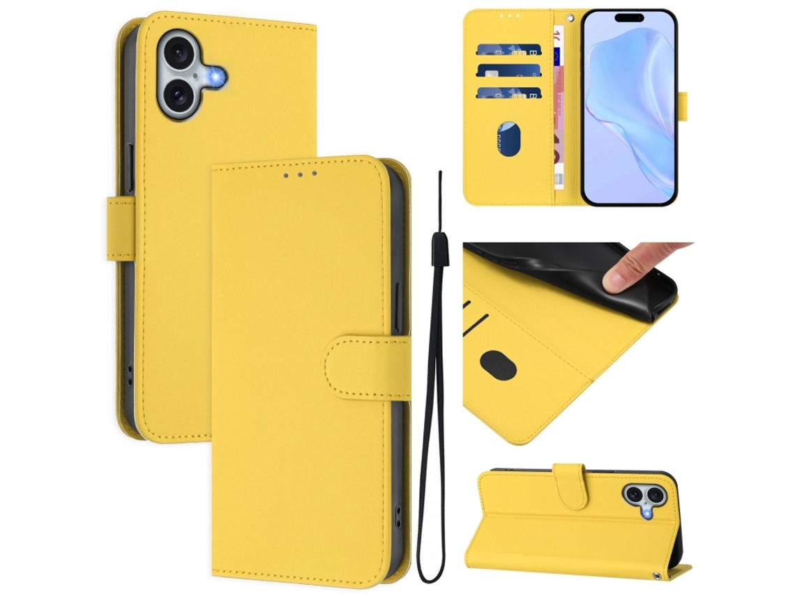 Capa De Couro Sintético Para Iphone 16 Plus - Toque Suave - Cor Sólida - Com Cordão