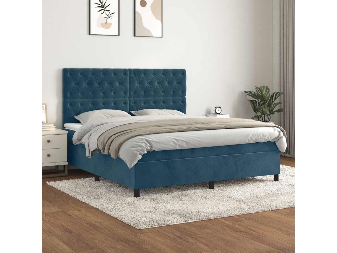 Vidaxl Cama Com Molas/colchão 160x200 Cm Veludo Azul-escuro