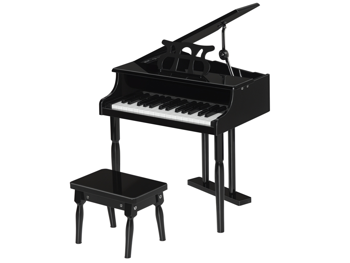 Piano cauda infantil de madeira, 30 teclas, banco, suporte de partituras, MDF preto S/MARCA