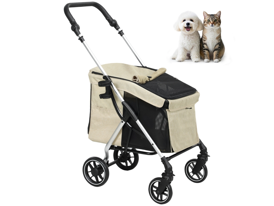 Carrinho de Bebê, Carrinho de Transporte Leve e Dobrável para Cães Pequenos, Travesseiro Lavável, Janela de Malha, Cáqui Ge