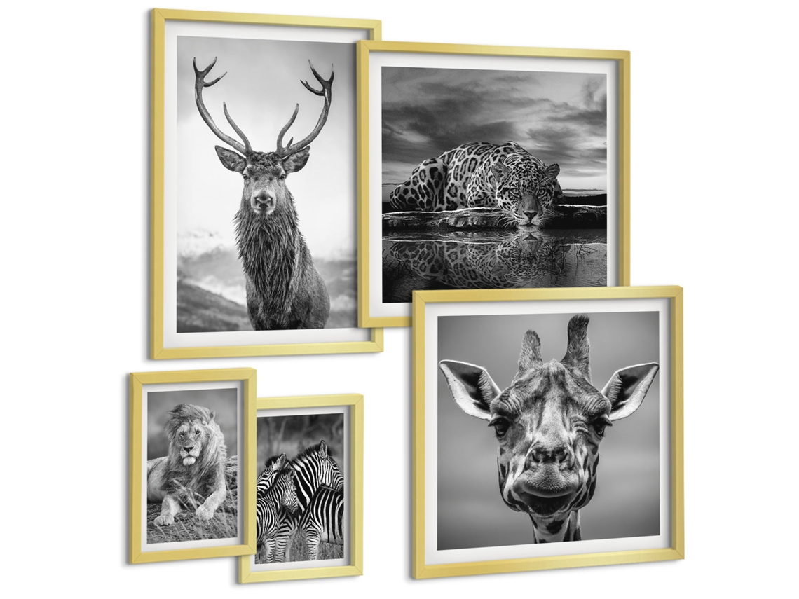 Conjunto De Pinturas Animais Em Preto E Branco Natureza Espelharte (5 Peças)