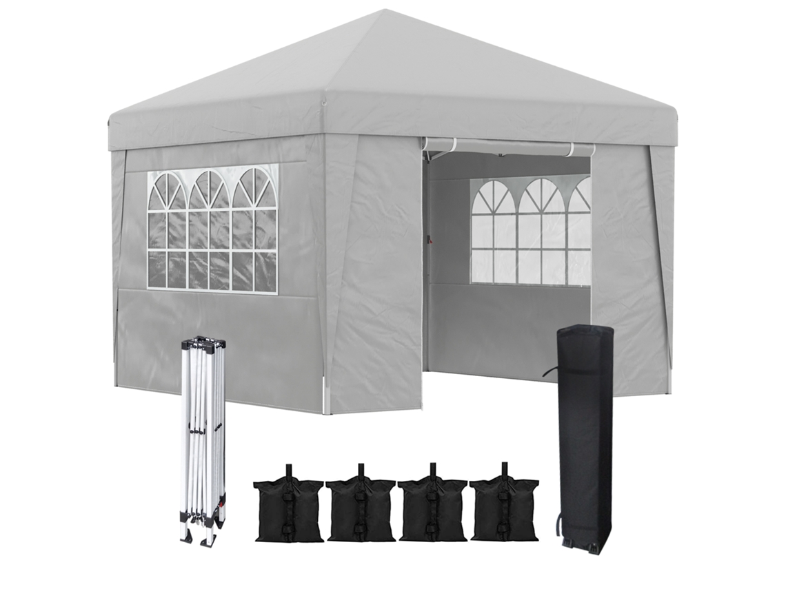 Gazebo Dobrável De 3x3 M Com Altura Ajustável E Janelas. Fabricado Em Aço E Tecido Oxford Cinza Claro.