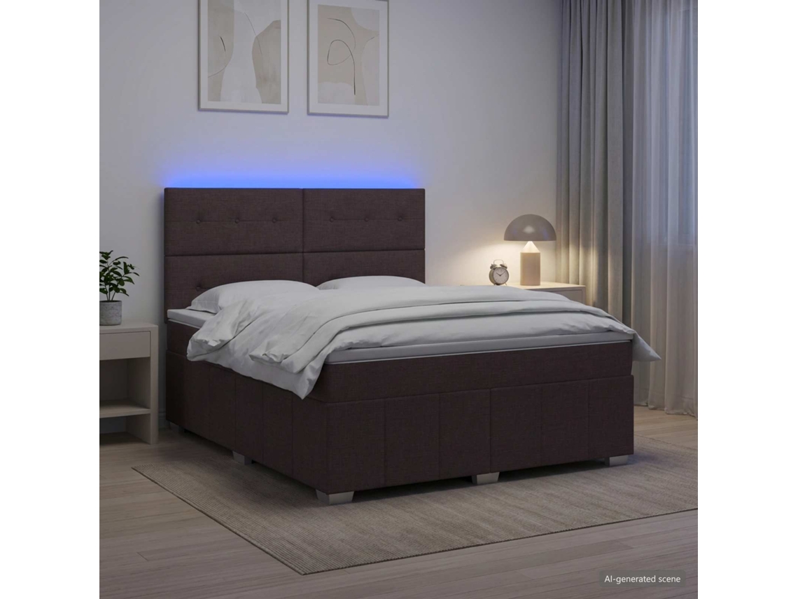 Vidaxl Cama Box Com Led E Colchão Marrom Escuro 160 X 200 Cm Tecido