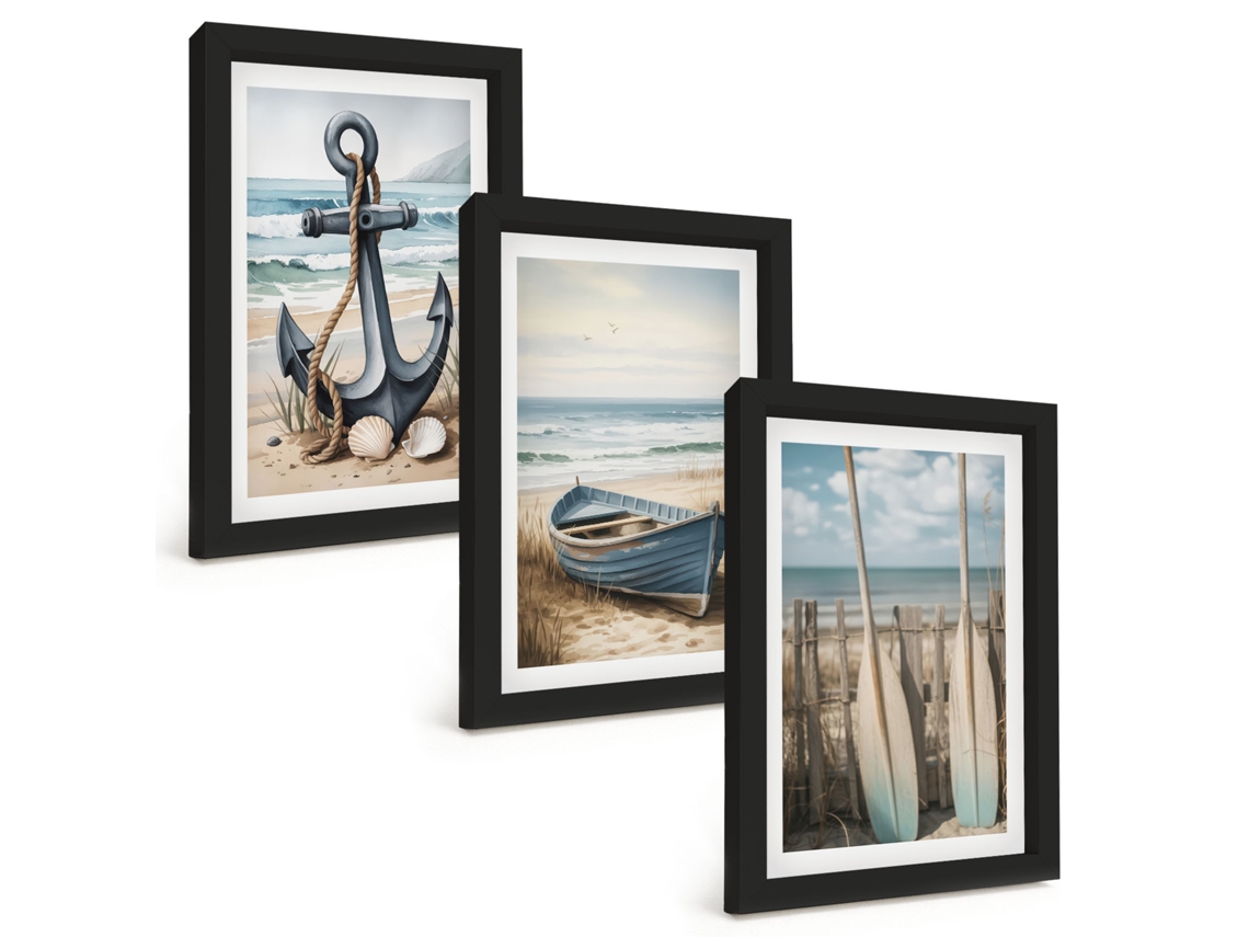 Quadros Decorativos Para Paredeâncora, Barco, Remos, Praia Moldura Preta Quadros Para O Escritório Espelharte (3 Peças 20x30 Cm)