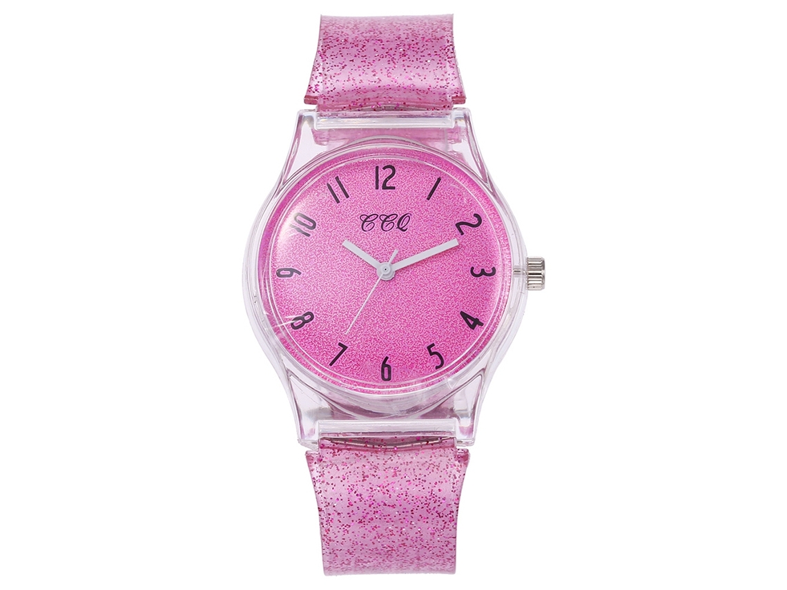 Relógio de Pulso Feminino de Quartzo com Pulseira de Silicone e Números Brilhantes (vermelho Rosa)