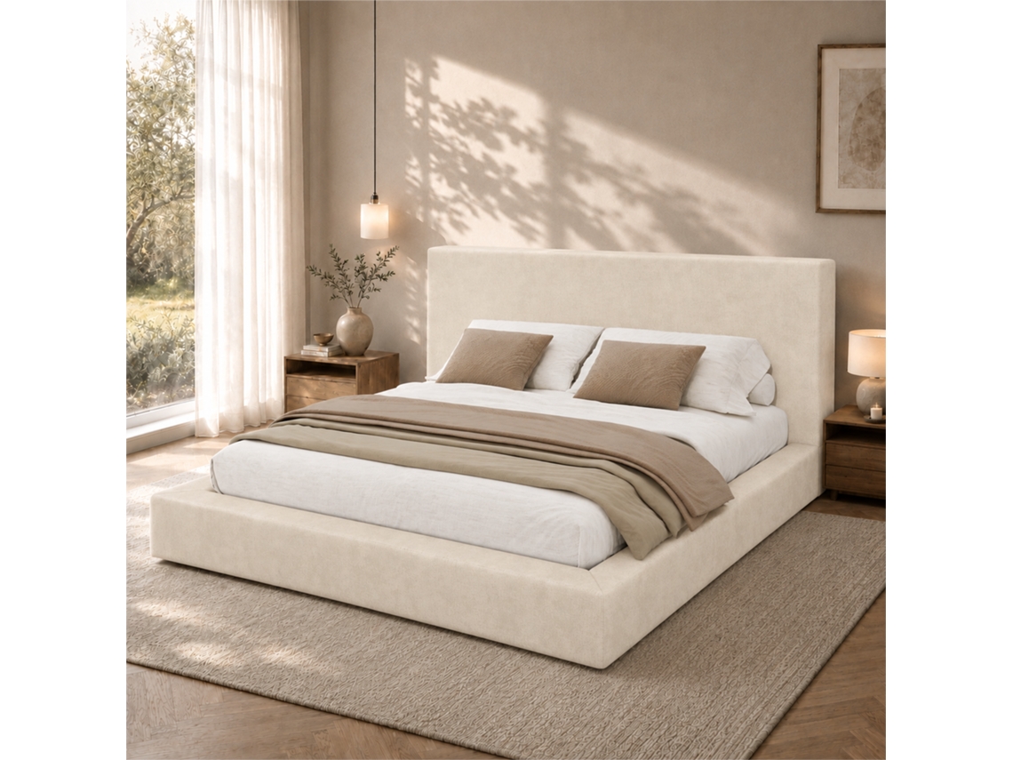 Cama Estofada Chenille Bege 180x200 Cm