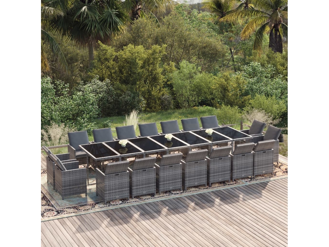 Vidaxl 19 Pcs Conjunto Jantar P/ Jardim C/ Almofadões Vime Pe Cinzento