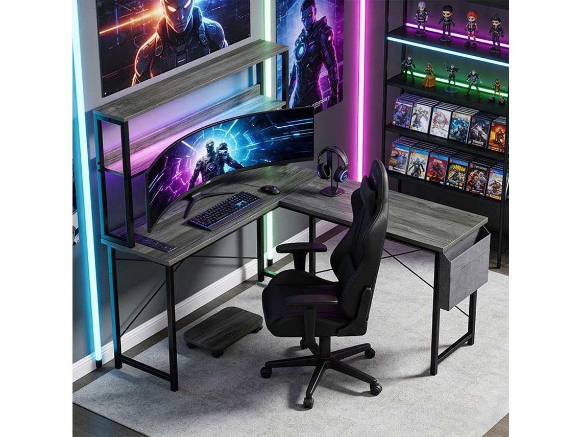 Mesa Gamer Em Formato L Com Luzes Led, Tomada Elétrica Integrada E Suporte Para Cpu, Cinza