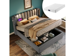 Cama Casal 140x200cm Estofada, Led, Usb-c, Linho, Ripas (c/ Colchão).-op