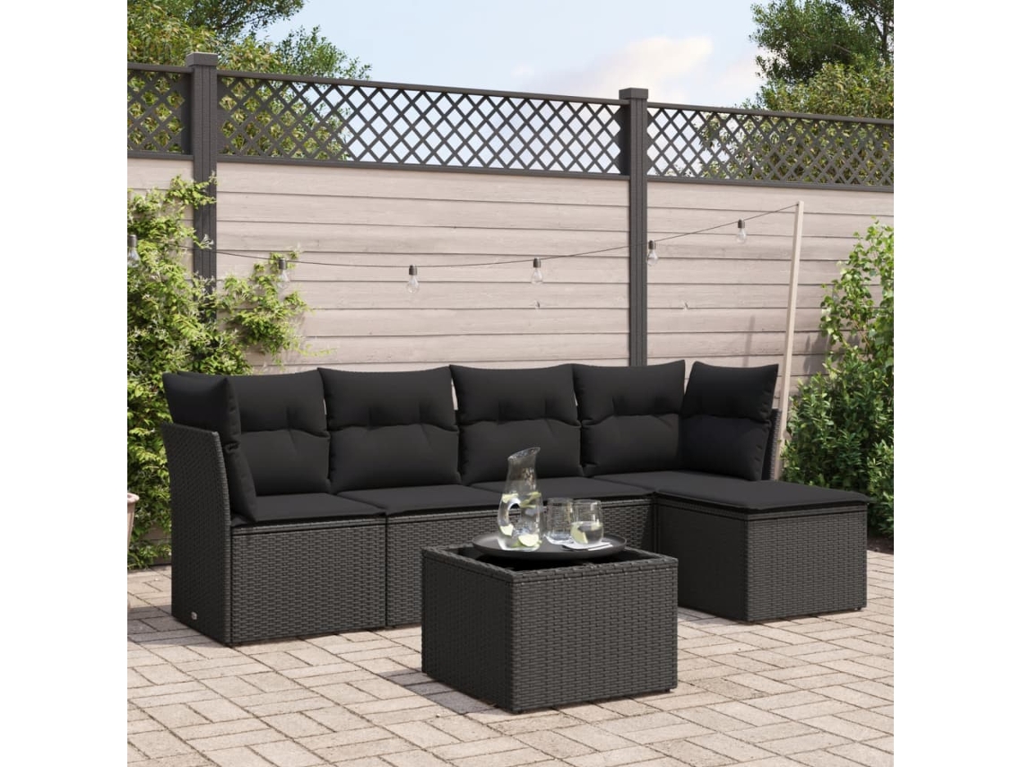 Vidaxl 6 Pcs Conjunto Sofás De Jardim C/ Almofadões Vime Pe Preto