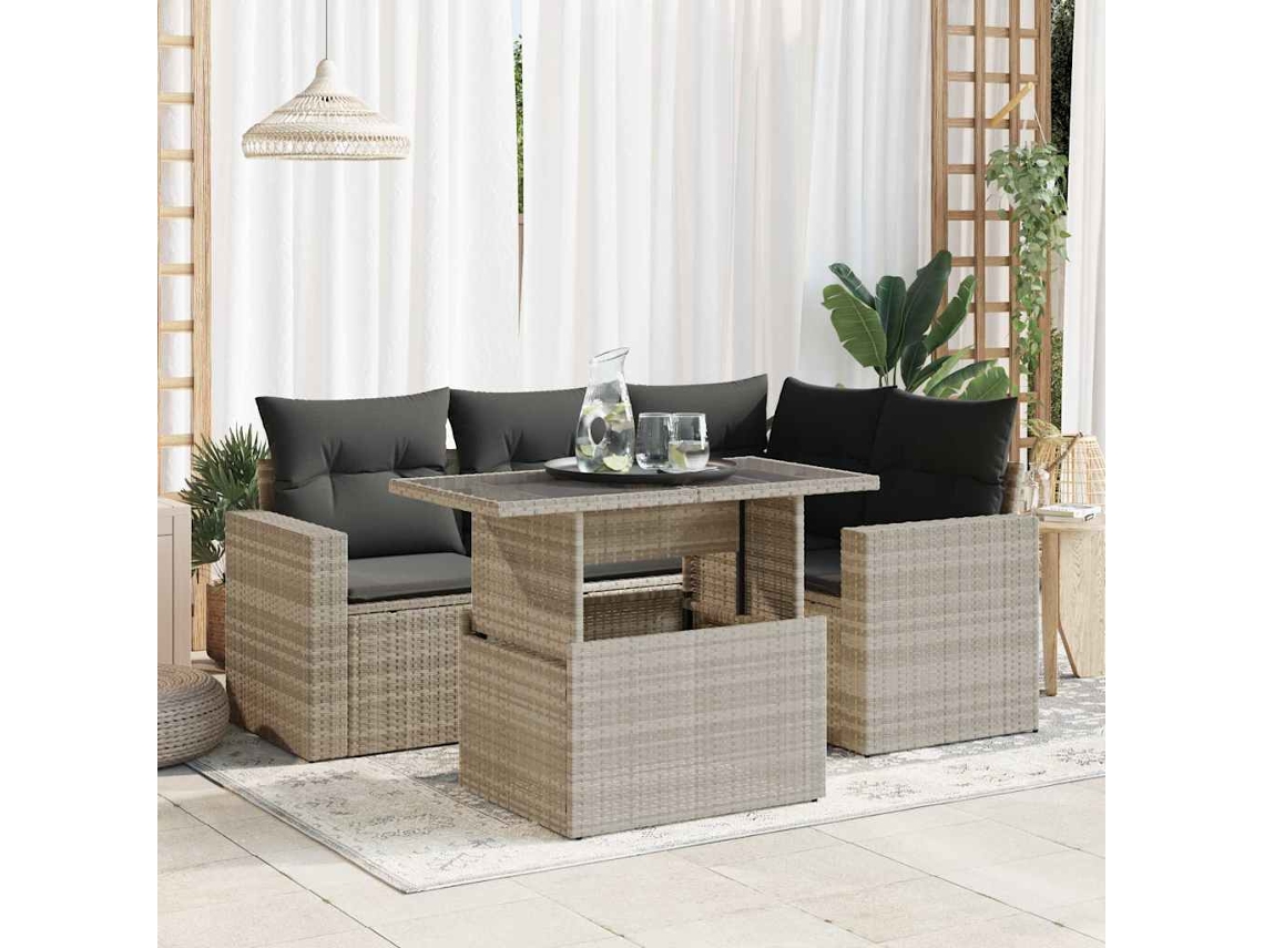 Vidaxl 5 Pcs Conj. Sofás Jardim C/ Almofadões Vime Pe Cinzento-claro