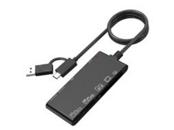 Leitor De Cartão 2 Em 1 Em Preto, Com Conector Usb-a + Usb-c, Compatível Com Todos Os Formatos E Funciona Com Notebooks.