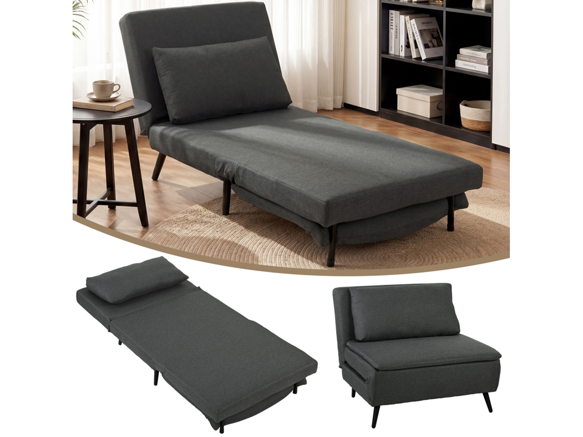 Poltrona-cama 3 Em 1 Dobrável Em Imitação Linho, Encosto Regulável, Molas Em S E Pés Metálicos, Cinza Escuro.
