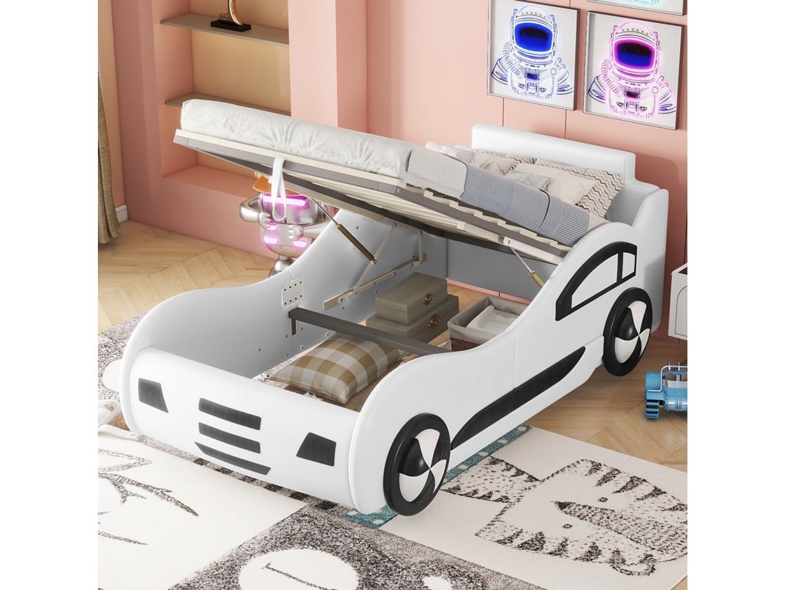 Cama Carro Branca 90x200cm, Modelo Carro, Ripas, Armazenamento Inferior. -op