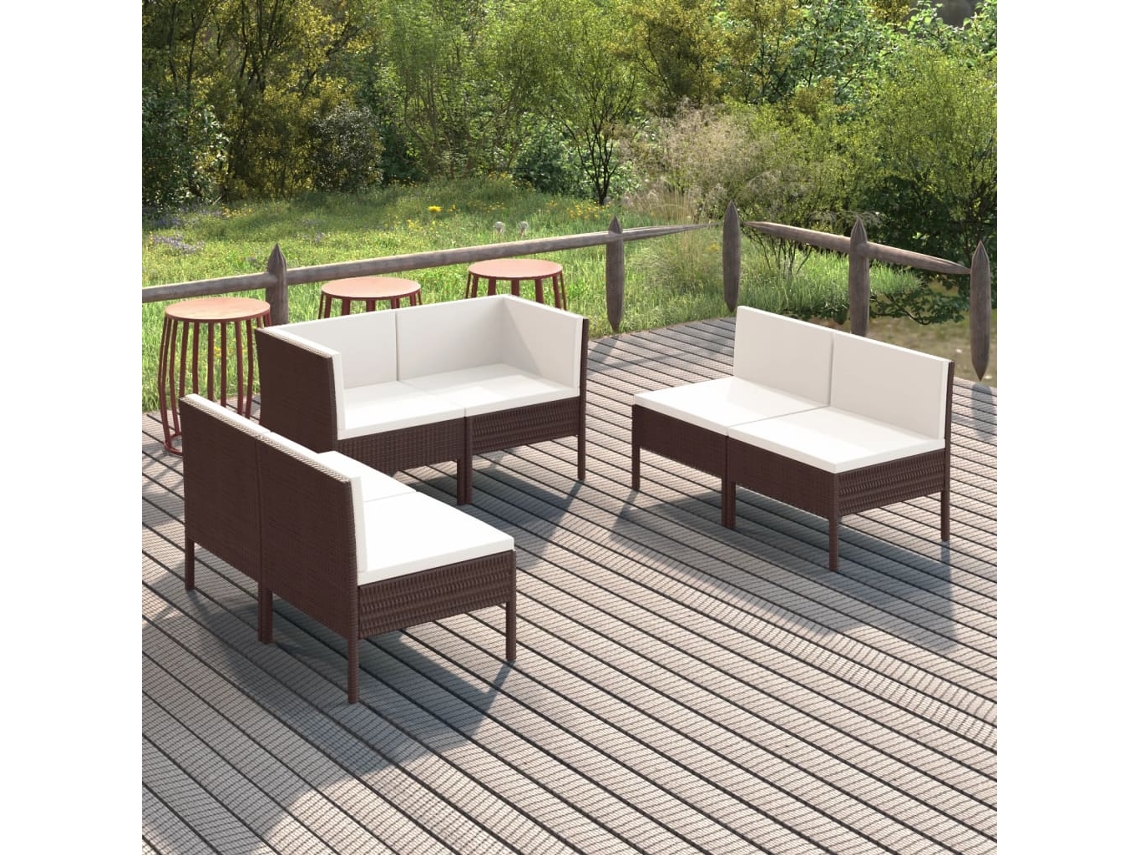 Vidaxl 6 Pcs Conjunto Lounge Jardim C/ Almofadões Vime Pe Castanho