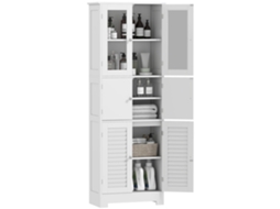 Armário de Coluna do Banheiro com 3 Armários e Portas de Vidro e Persianas. 60x30x170,5cm. Branco Ge