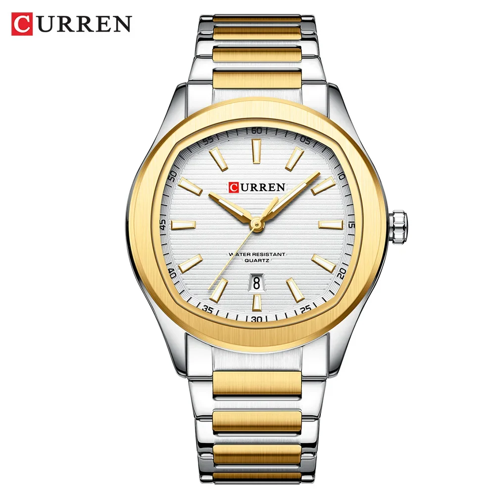 Relógio à prova d'água e luminoso MDUG, com data, caixa em aço inoxidável (dourado e branco)