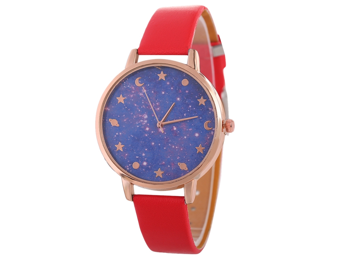 Relógio de Pulso Feminino de Quartzo com Esfera Céu Estrelado Roxo e Pulseira de Couro Vermelha