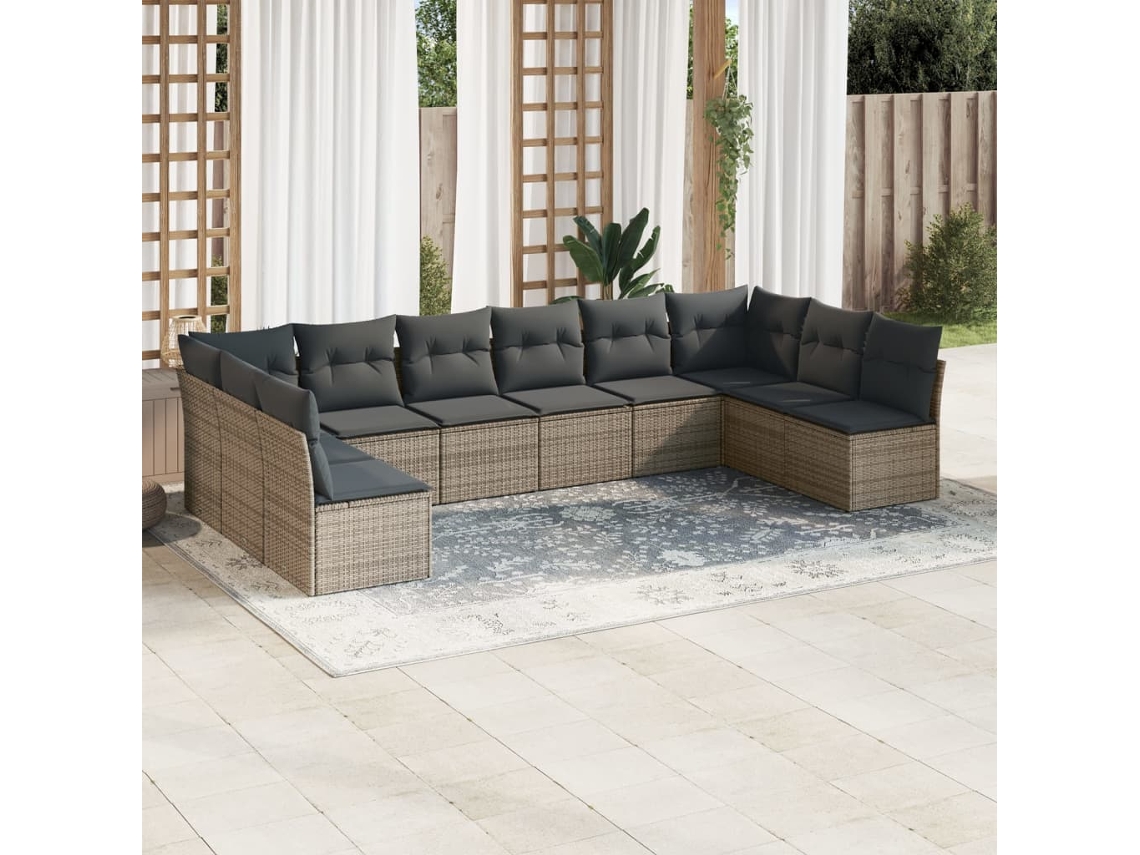 Vidaxl 10 Pcs Conjunto Sofás De Jardim C/ Almofadões Vime Pe Cinzento
