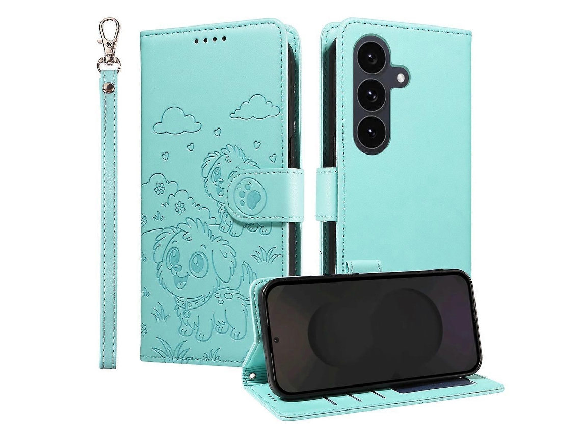 Capa Tkdaddy Para Samsung Galaxy S25 Fe Com Bloqueio Rfid E Estampa De Cachorro Em Couro Sintético E Alça De Pulso, Verde
