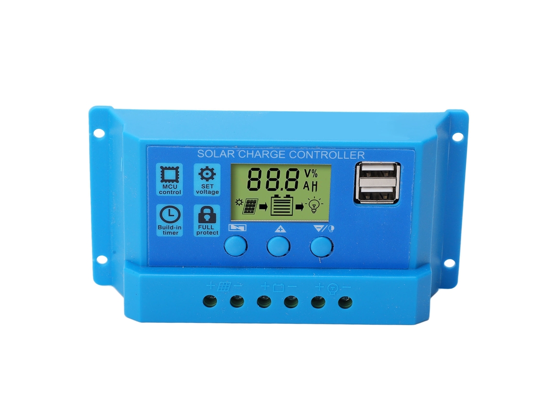 Controlador de Carga Solar Pwm Lcd 12v 24v com 2 Usb e Proteções Automáticas Azul