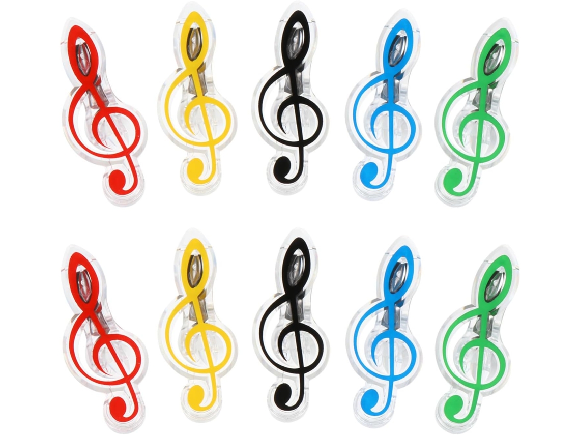 Conjunto de 10 alfinetes para partituras de piano em plástico ABS com símbolos musicais desenhados, resistentes e práticos.