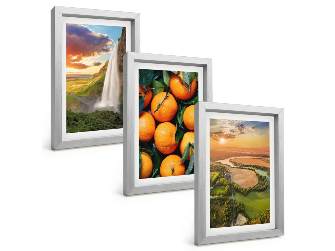 Composição De Quadros Na Paredecachoeira, Montanhas, Laranjas Moldura Prateada Quadros Para A Sala De Estar Espelharte (3 Peças 20x30 Cm)