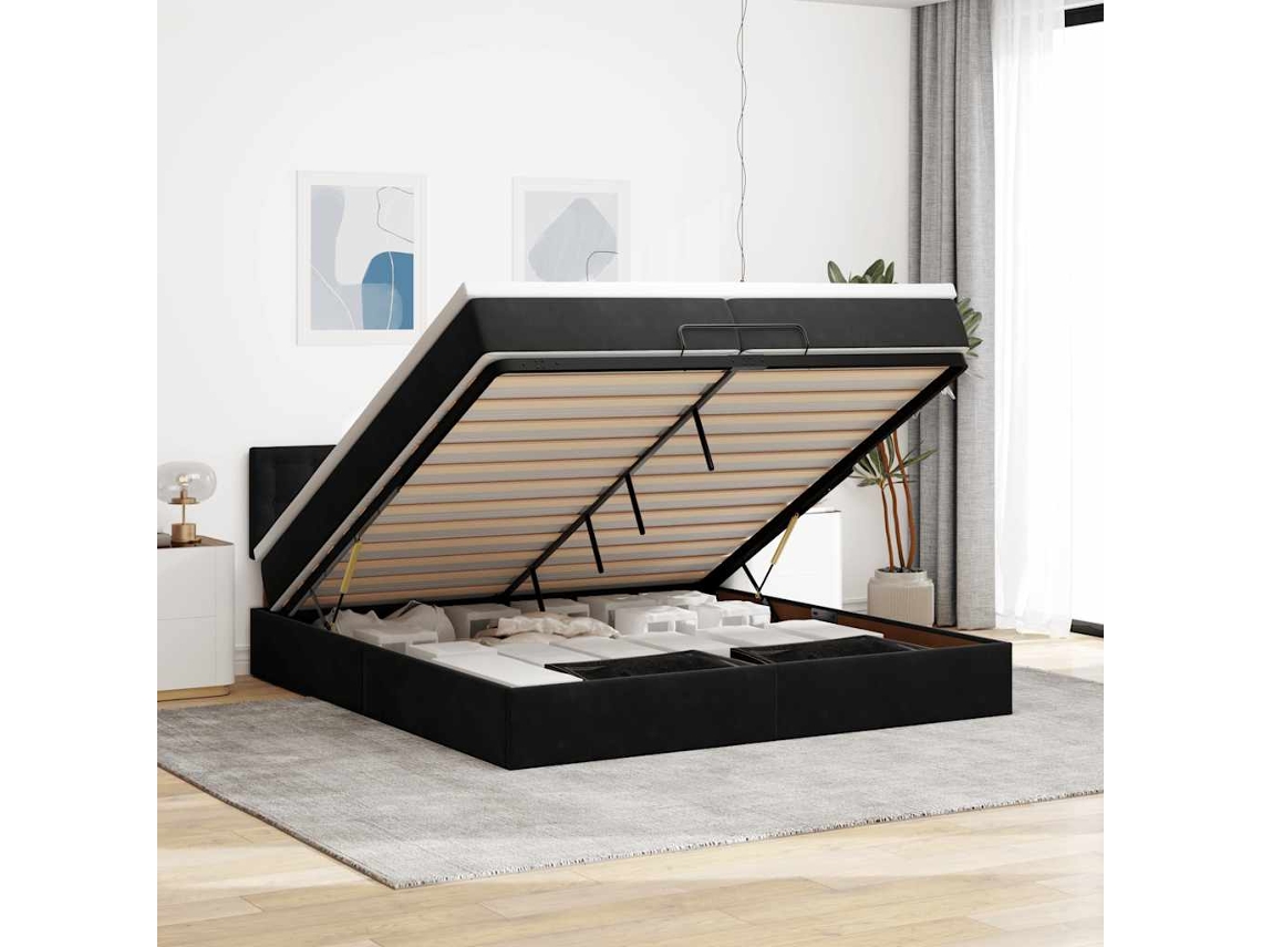 Estrutura De Cama Otomana Com Colchões 200x200cm Veludo Preto