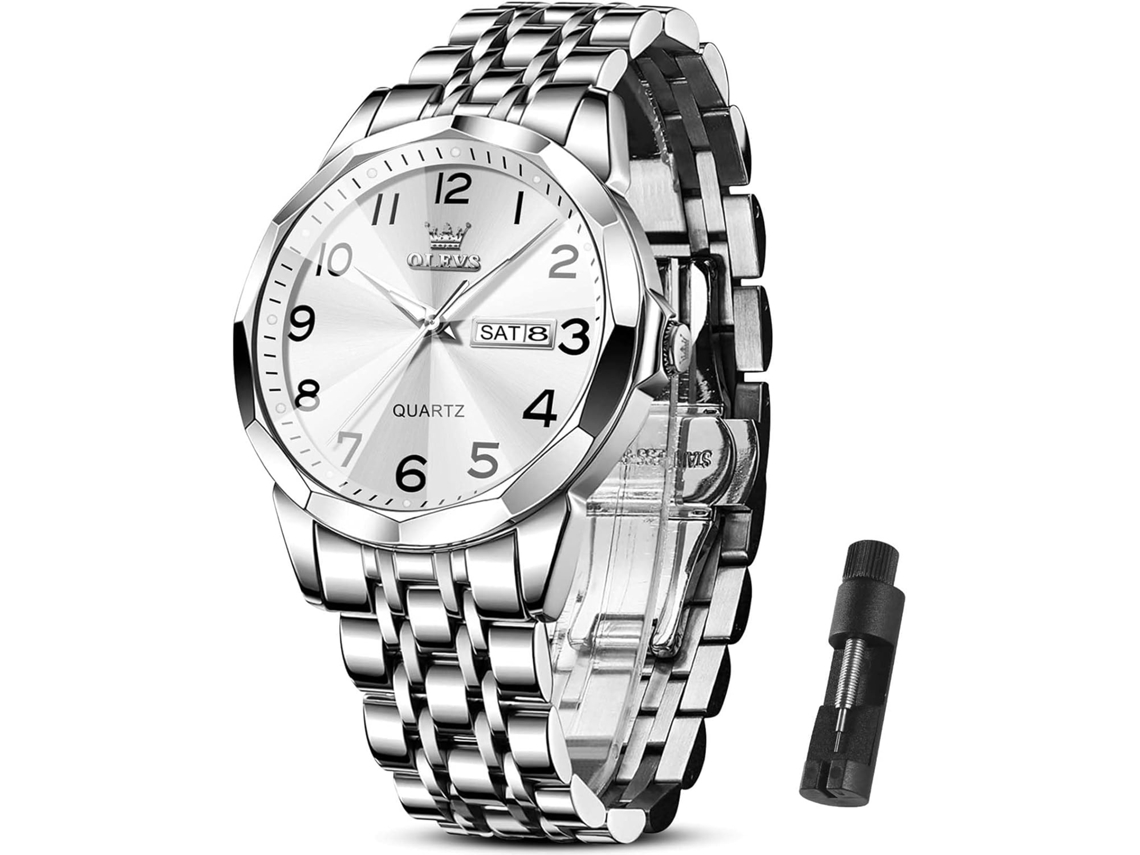 Lurelia Relógio Masculino, Movimento De Quartzo, Data/calendário, Detalhes Com Strass, Aço Inoxidável, Prata