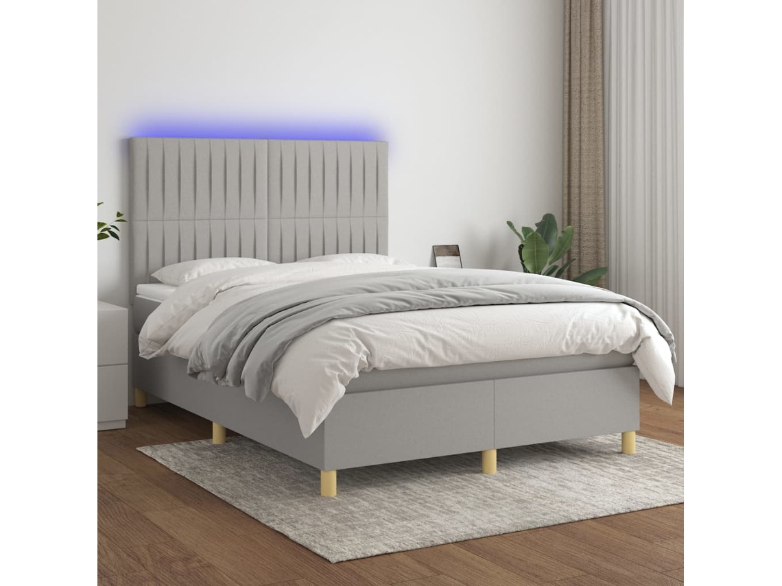 Vidaxl Cama Box Spring C/ Colchão E Led 140x200 Cm Tecido Cinza-claro