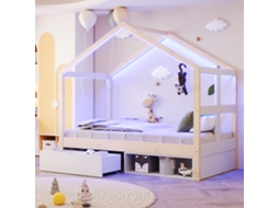 Cama De Madeira 90×190 Cm Com Gavetas Armário Sapatos Led Multicolorido Base Lamelas