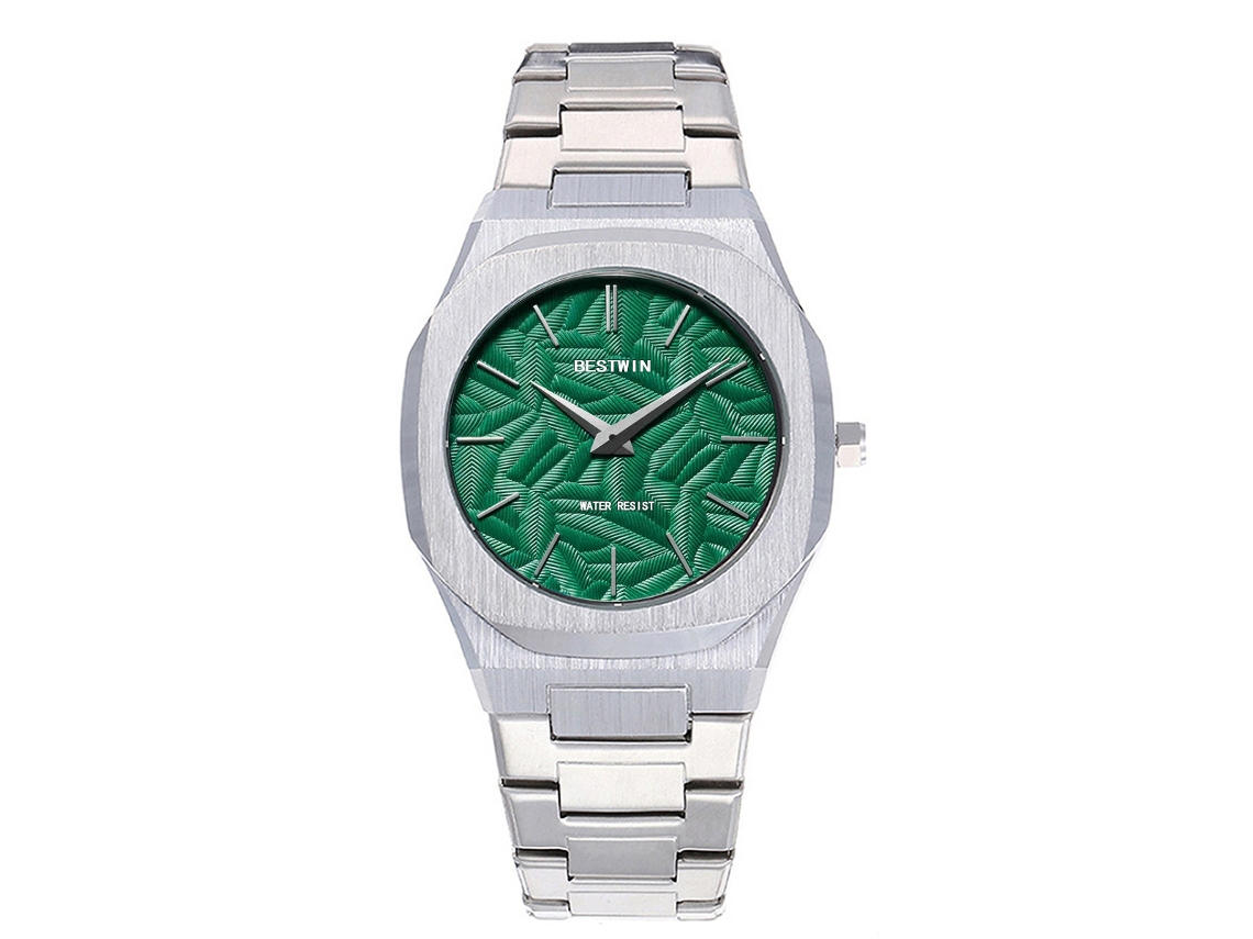 Relógio de Quartzo Folhas em Relevo Branco e Verde MDUG