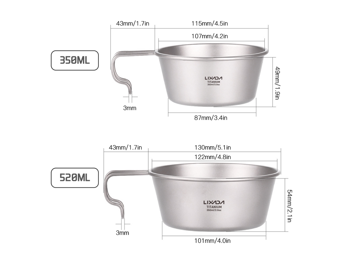 Taca de Titânio 350ml/520ml com Alça para Camping