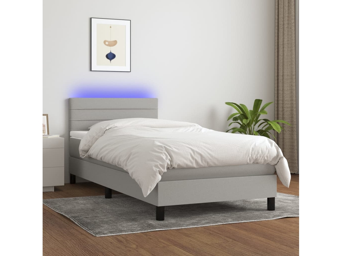 Vidaxl Cama Box Spring C/ Colchão E Led 90x200 Cm Tecido Cinza-claro