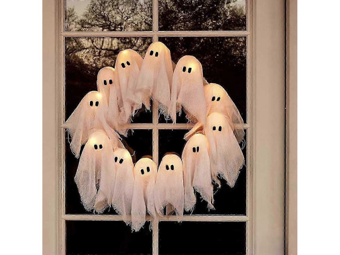 Coroa De Porta De Halloween Com Fantasmas Iluminados E Fita, 24 Polegadas