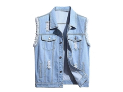 Rebe - Colete masculino casual sem mangas em jeans com efeito desgastado e botões clássicos, tamanho M, azul claro.