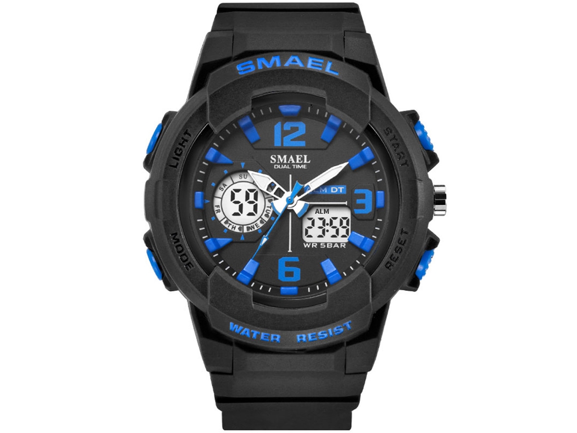 Relógio esportivo eletrônico multifuncional Smael para homens com pulseira de plástico preta e azul.