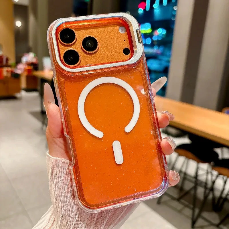 Capa Para Iphone 15 Pro Laranja Com Carregamento Sem Fio E Suporte Para Lente.