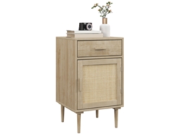 Mesa De Cabeceira Com Armário E Prateleira, Porta Em Rattan Trançado, 1 Gaveta, Design Boêmio - 40 X 40 X 68,5 Cm, Cor Natural