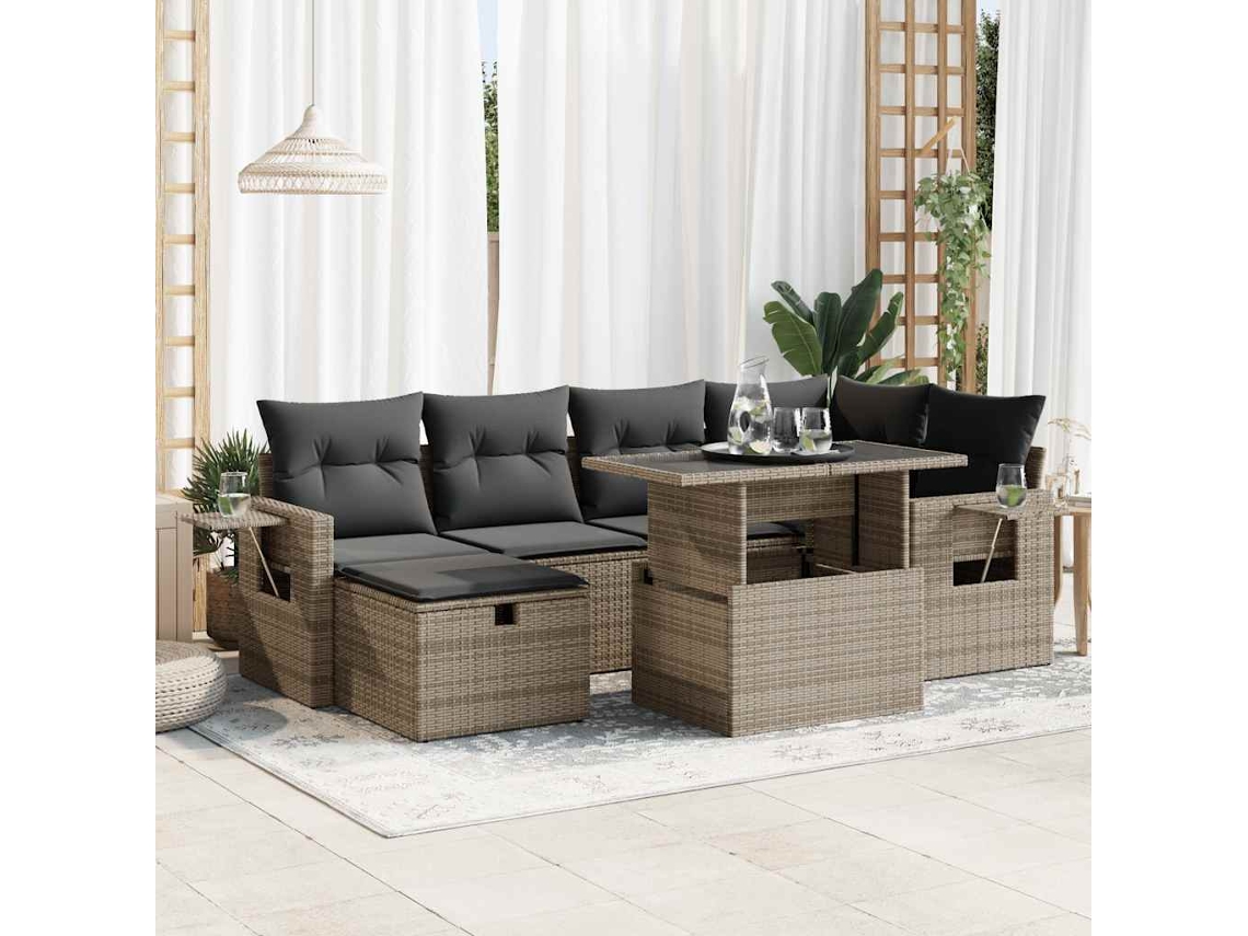 Vidaxl 7 Pcs Conjunto Sofás P/ Jardim C/ Almofadões Vime Pe Cinzento