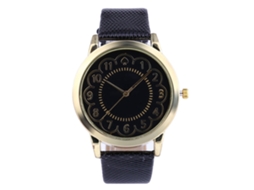Relógio de pulso masculino com pulseira de couro PU, mostrador redondo, formato de flor, quartzo (preto)