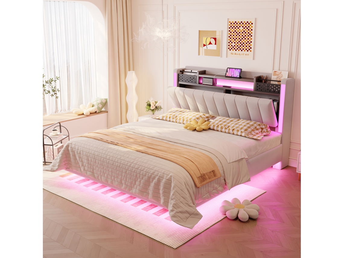 Cama Box Casal 140x200 Com Led, Tomada Usb, Cabeceira Com Nicho, Modelo Suspenso, Tecido Linho, Bege.