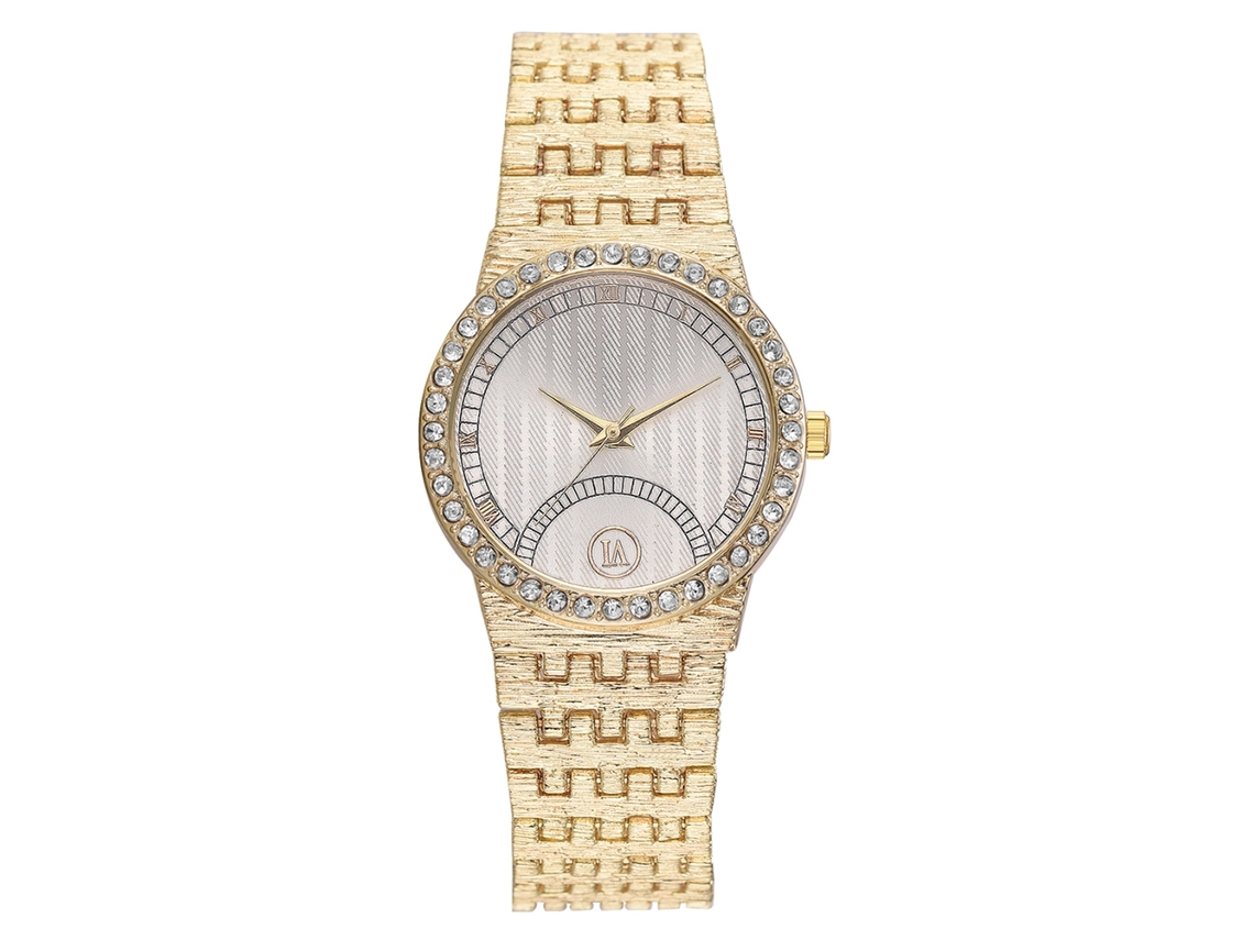 Relógio de Pulso Feminino de Quartzo com Mostrador Redondo e Decoração de Rhinestone (ouro Branco)