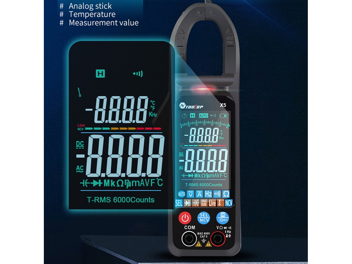 Amperímetro de pinça multifuncional portátil Tooltop X5 com visor LCD, lanterna e medição automática.