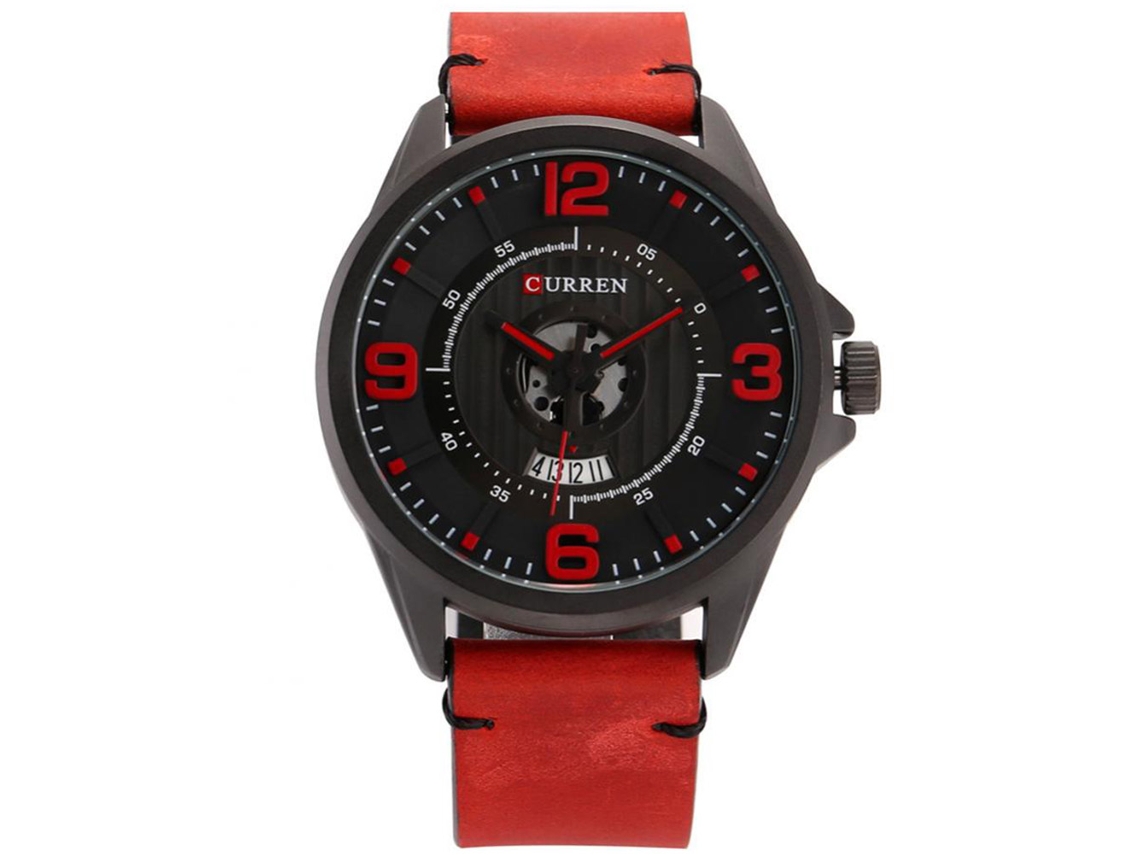 Relógio de pulso masculino em liga metálica com mostrador redondo e movimento analógico de quartzo (preto/vermelho)