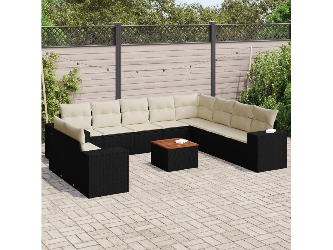 Vidaxl 11 Pcs Conjunto Sofás De Jardim C/ Almofadões Vime Pe Preto